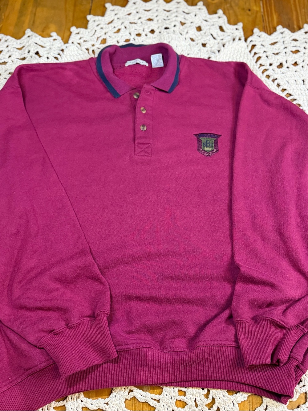 Vintage 90s Bugle Boy Co Sweatshirt XL Burgundy Polo Collar Embroidered Crest